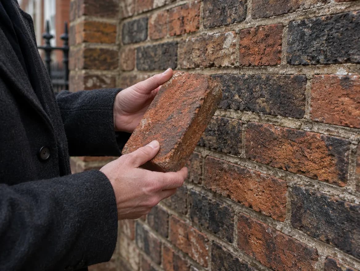 An architect holding a reclaimed brick against an old wall
