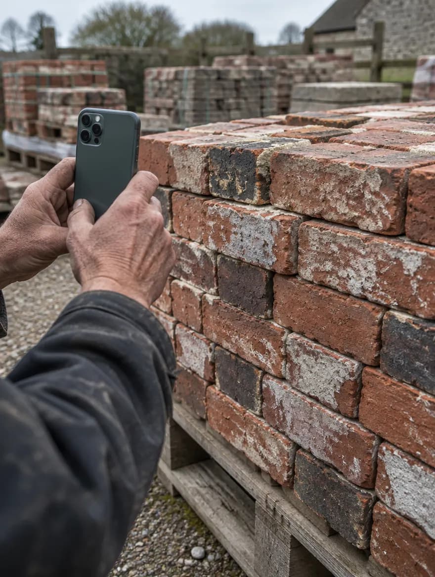Hands holding an iPhone up to photograph a pallet of reclaimed red bricks