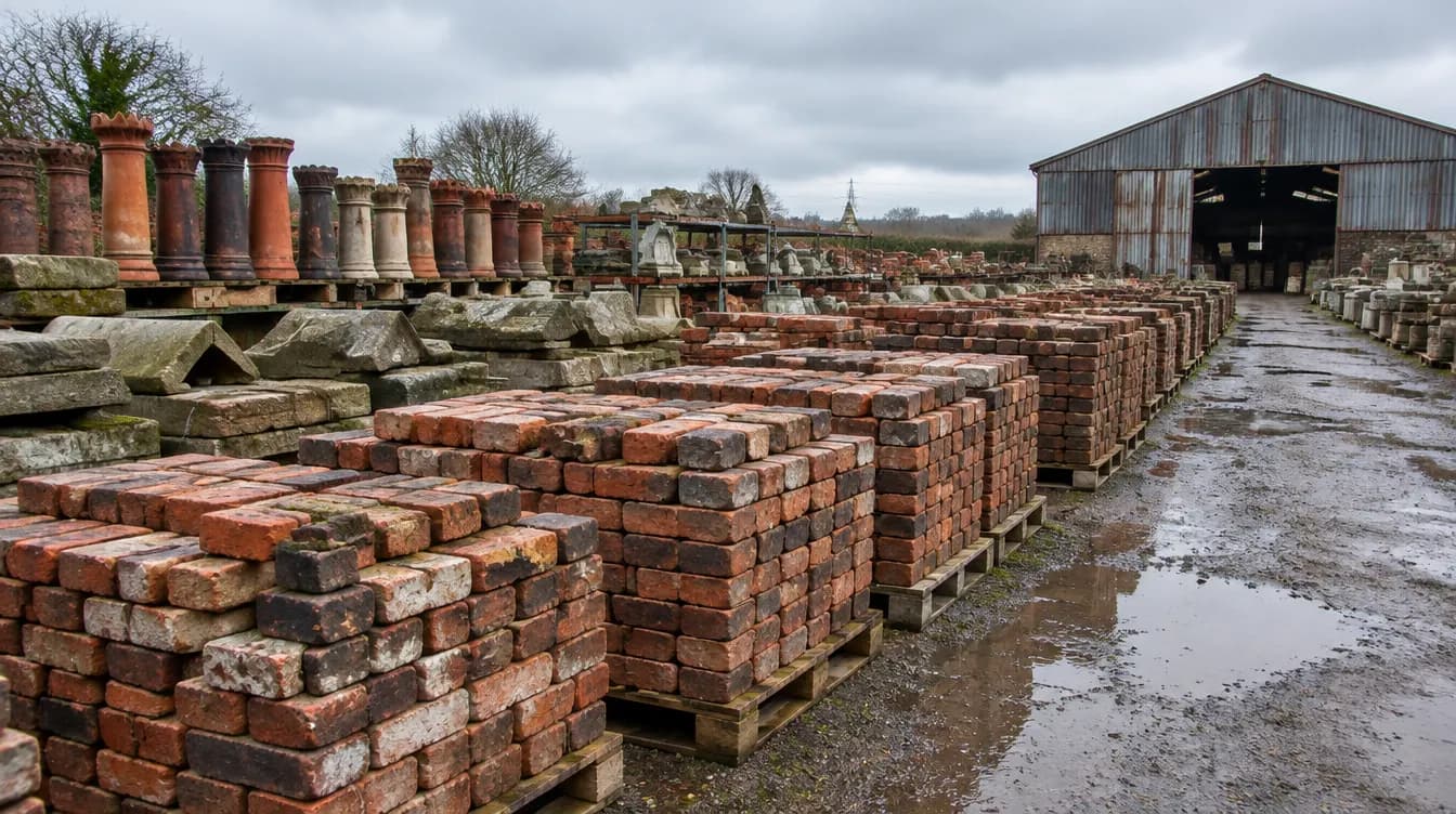 Pallets of reclaimed bricks in a salvage yard